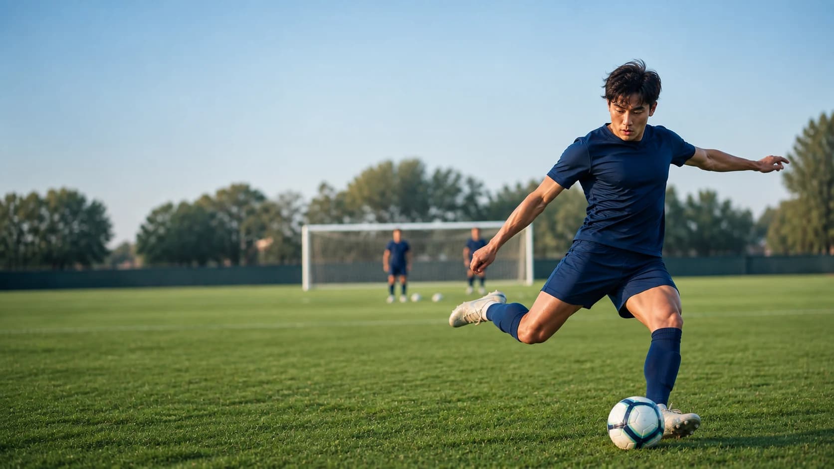 Soccer player committing to a pass during practice