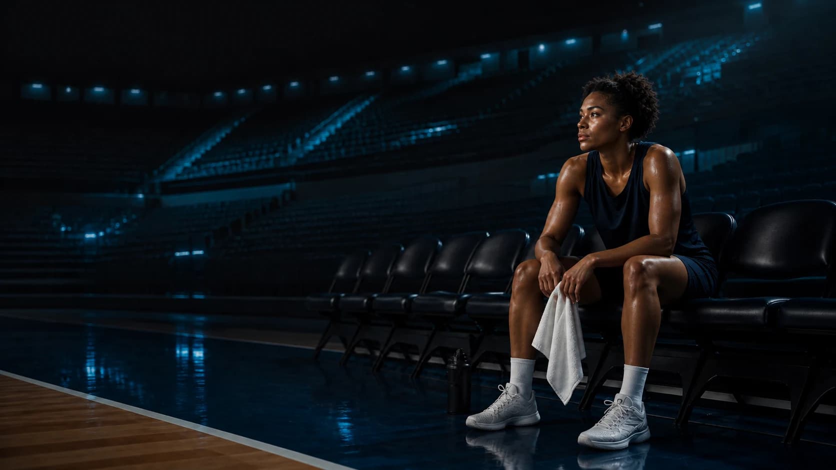 Basketball player taking a quiet moment on the sidelines